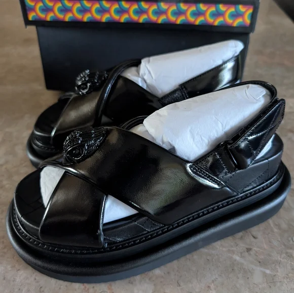 Kurt Geiger Landon Oroson Patent Cross Strap Platform Black Leather Sandal $240 - Picture 4 of 11